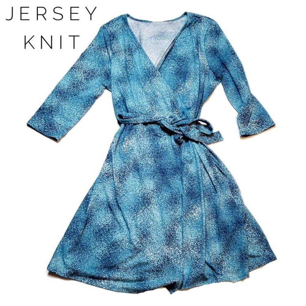 NEW L Lularoe Michelle True Wrap Dress Blue Teal Splatter 3/4 Sleeve